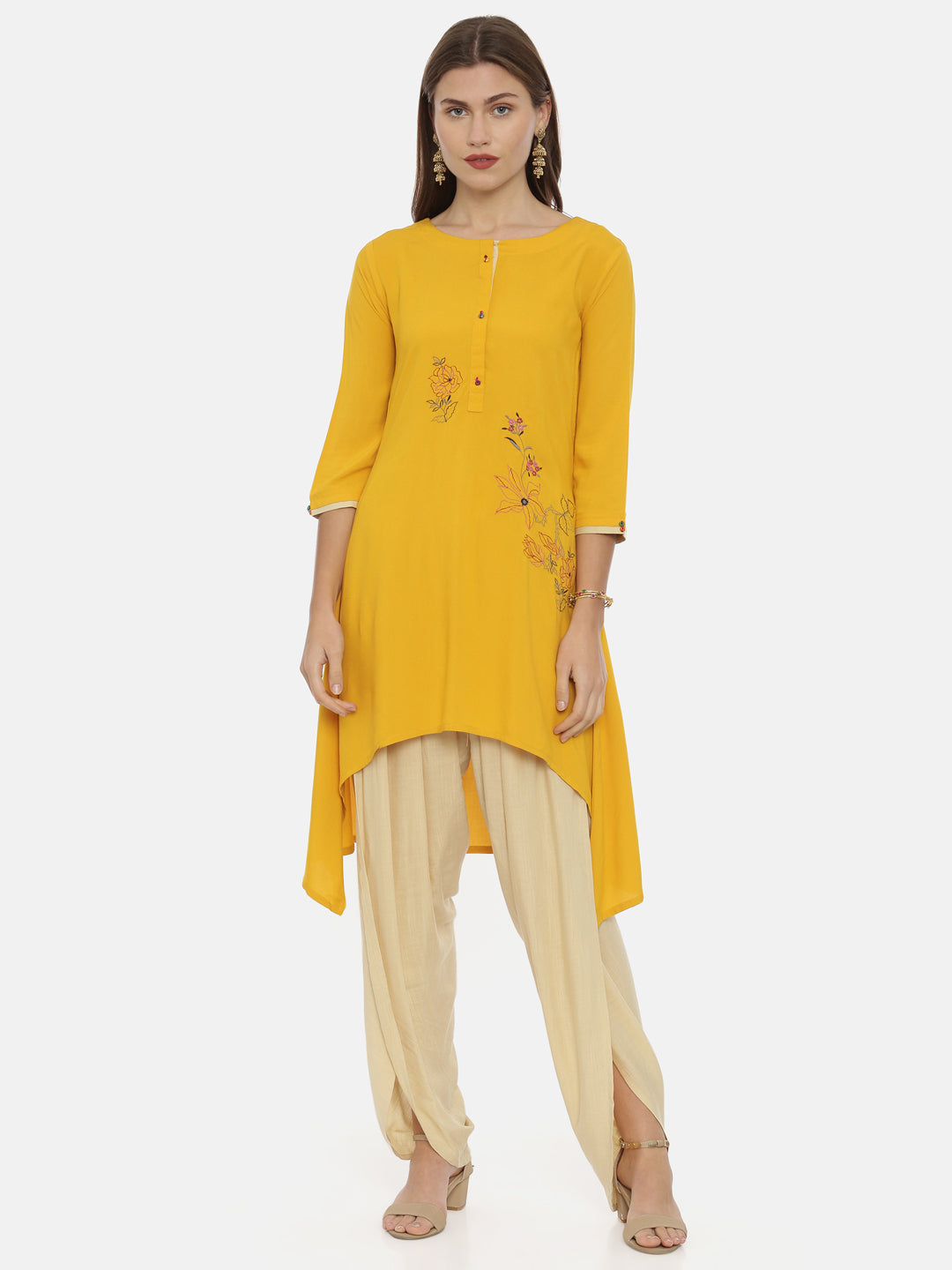 Neeru's Yellow Embroidered High Low Kurta