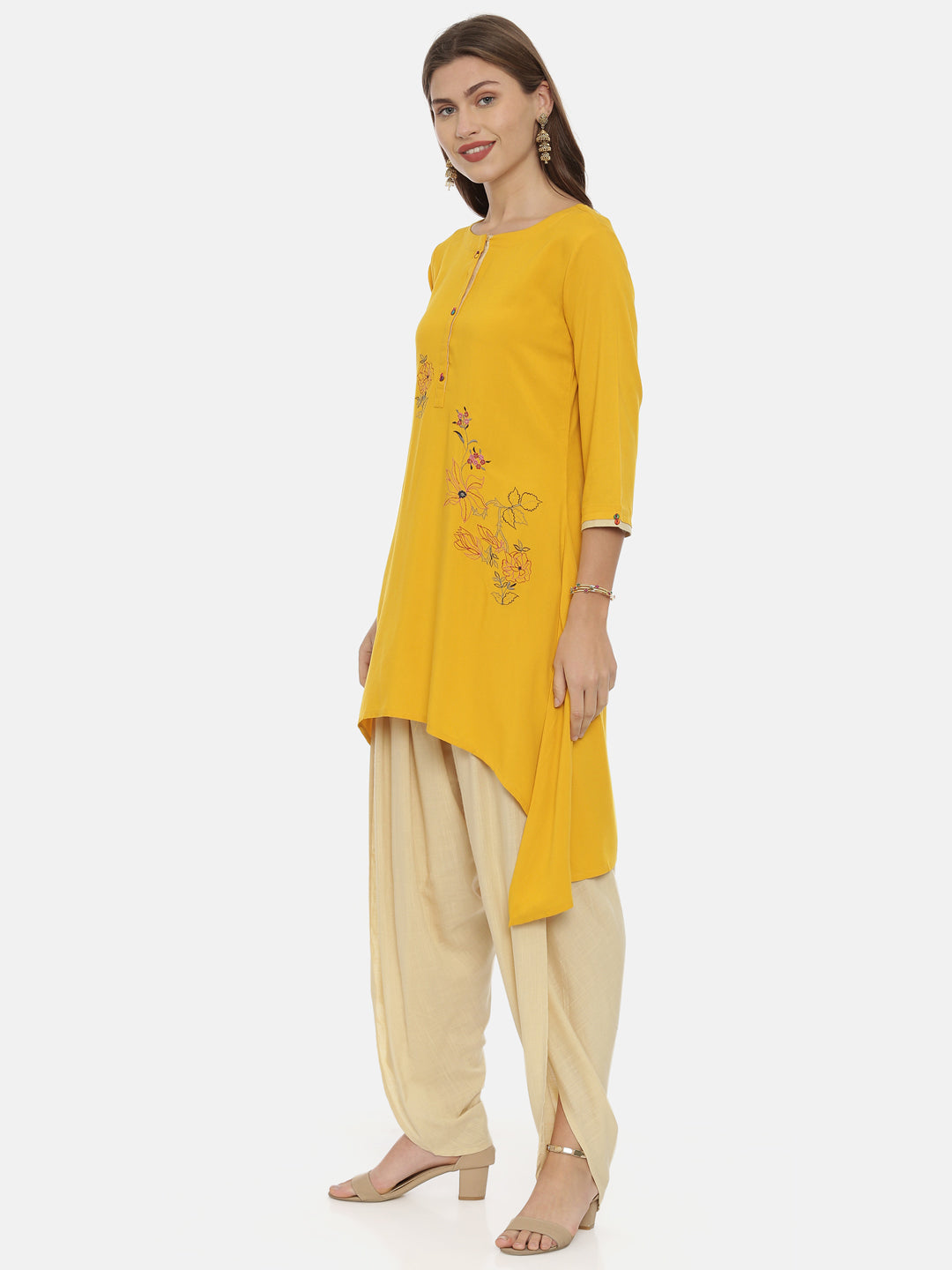 Neeru's Yellow Embroidered High Low Kurta