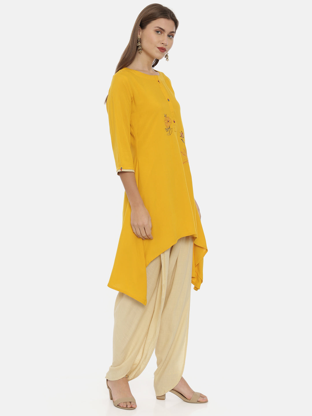 Neeru's Yellow Embroidered High Low Kurta