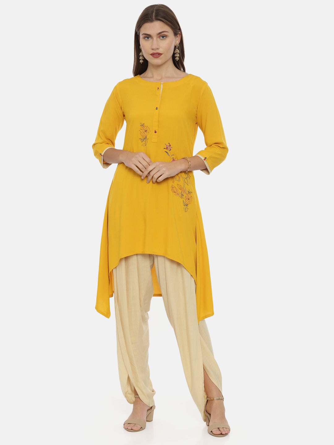 Neeru's Yellow Embroidered High Low Kurta