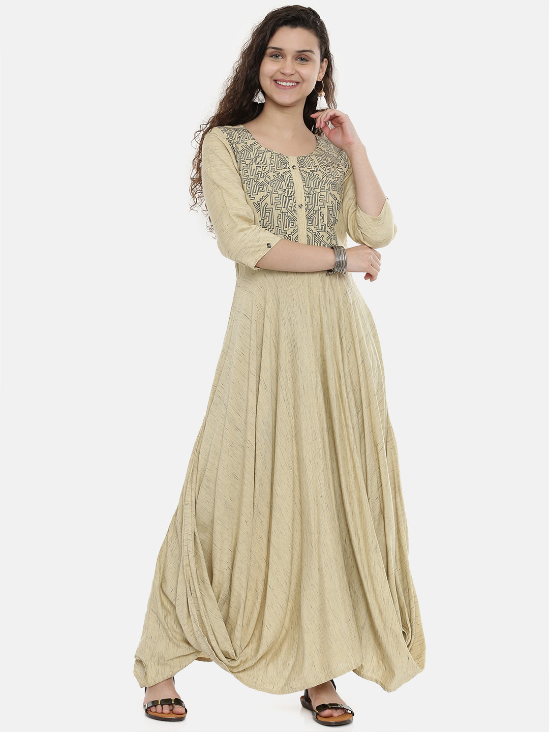 Neeru's Women Beige Embroidered A-Line Kurta