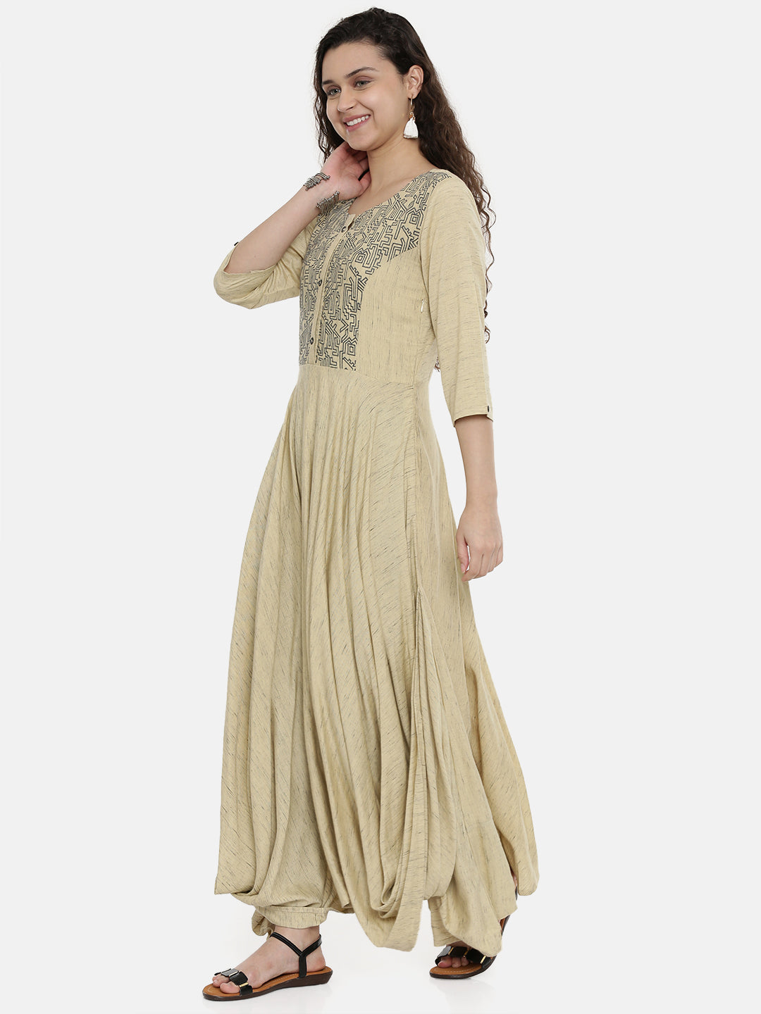 Neeru's Women Beige Embroidered A-Line Kurta