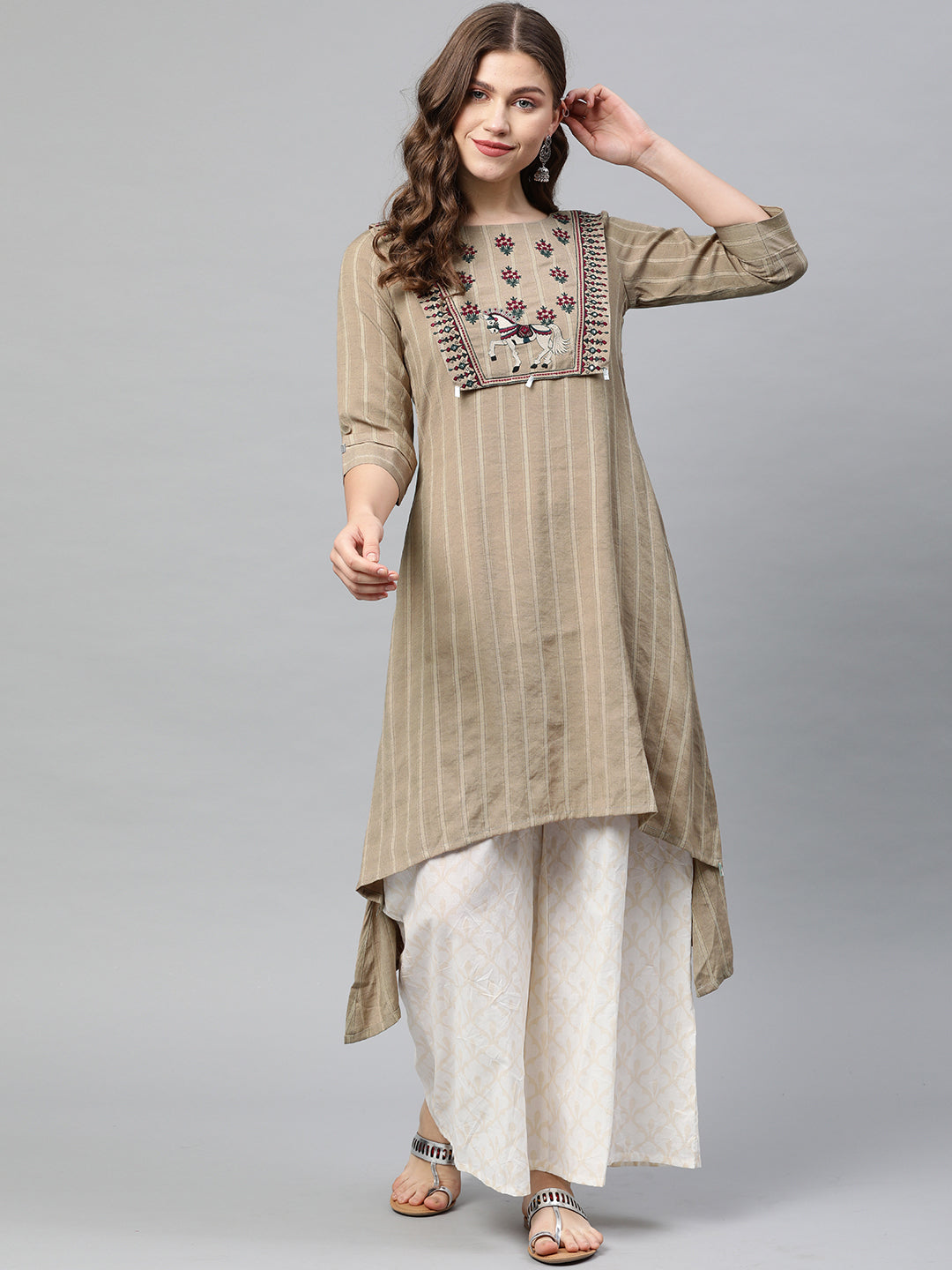 Neeru's Beige Striped High Low Kurta