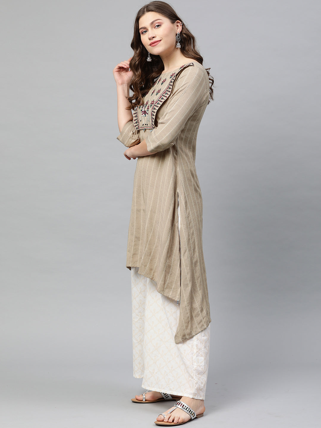 Neeru's Beige Striped High Low Kurta