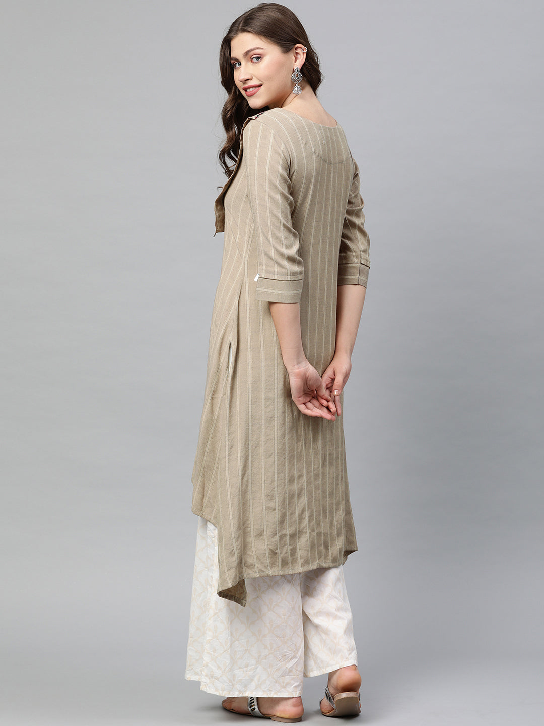 Neeru's Beige Striped High Low Kurta