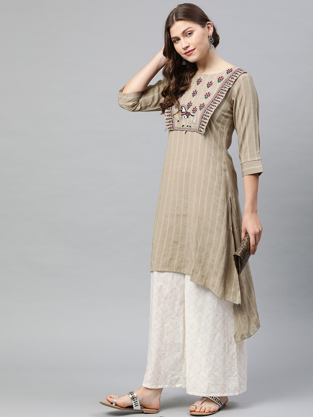 Neeru's Beige Striped High Low Kurta