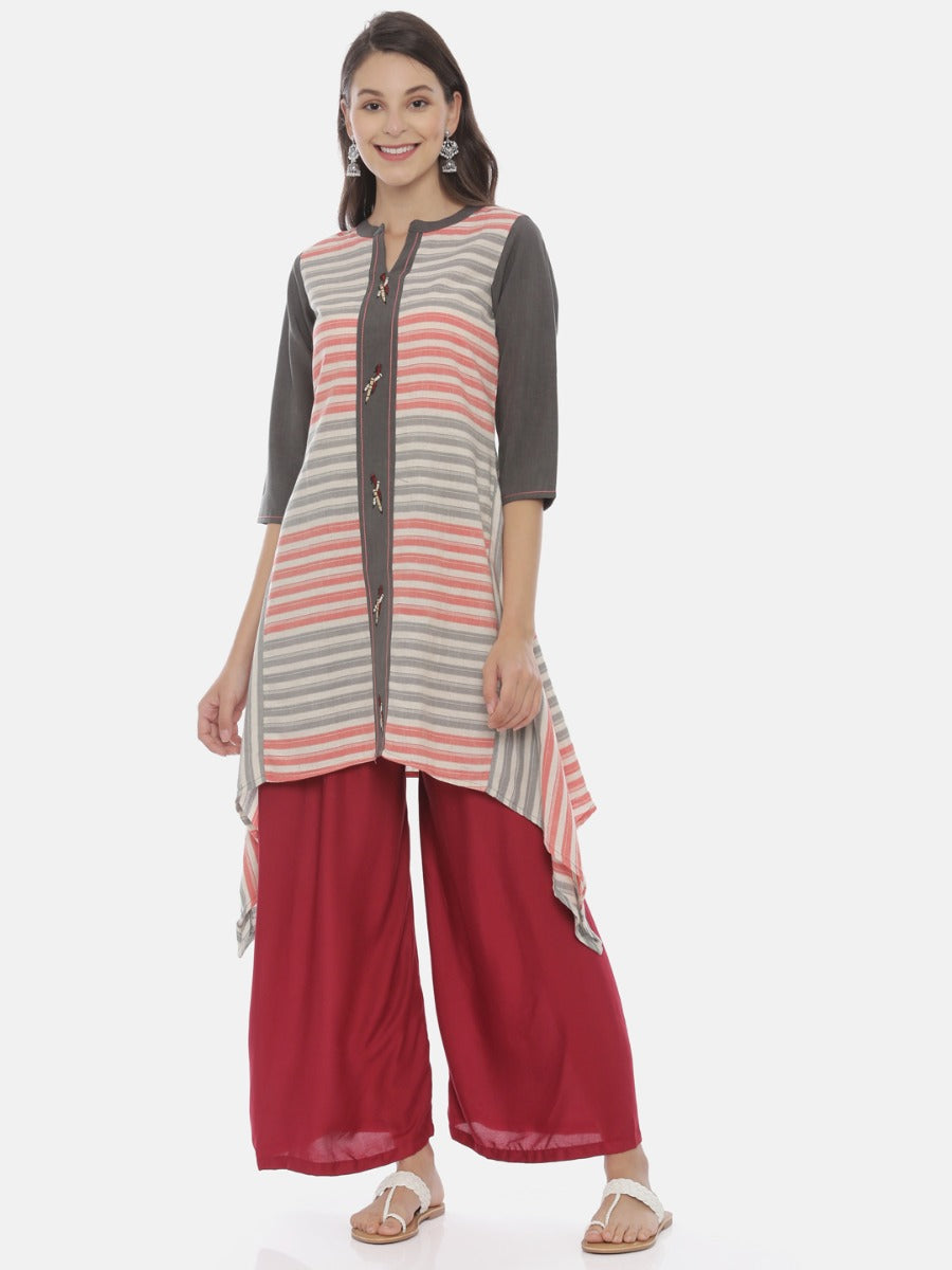 Neeru's Grey Striped High Low Kurta