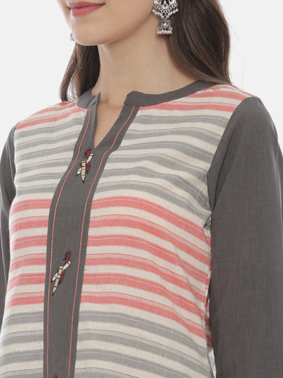 Neeru's Grey Striped High Low Kurta