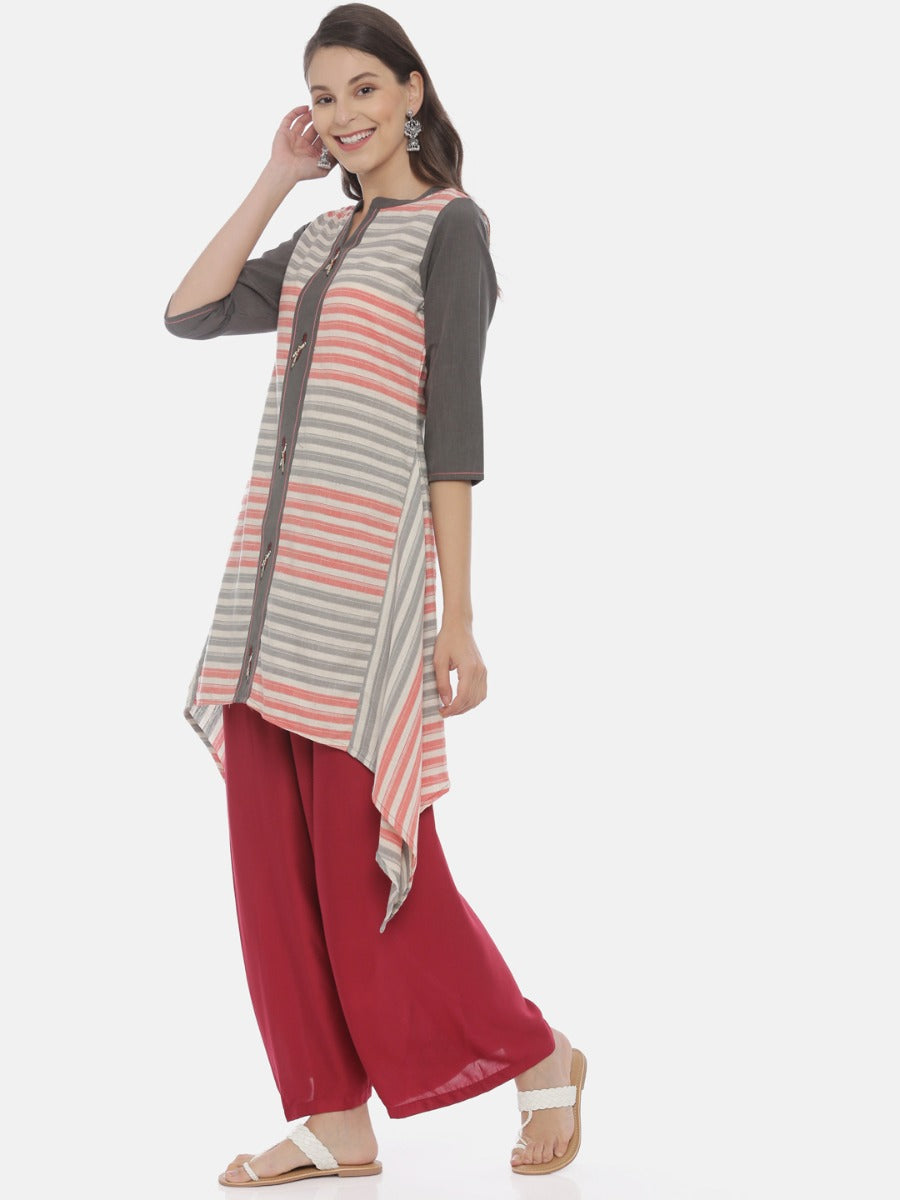 Neeru's Grey Striped High Low Kurta