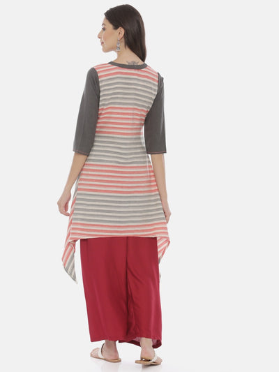 Neeru's Grey Striped High Low Kurta