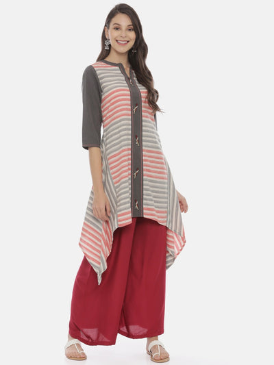 Neeru's Grey Striped High Low Kurta