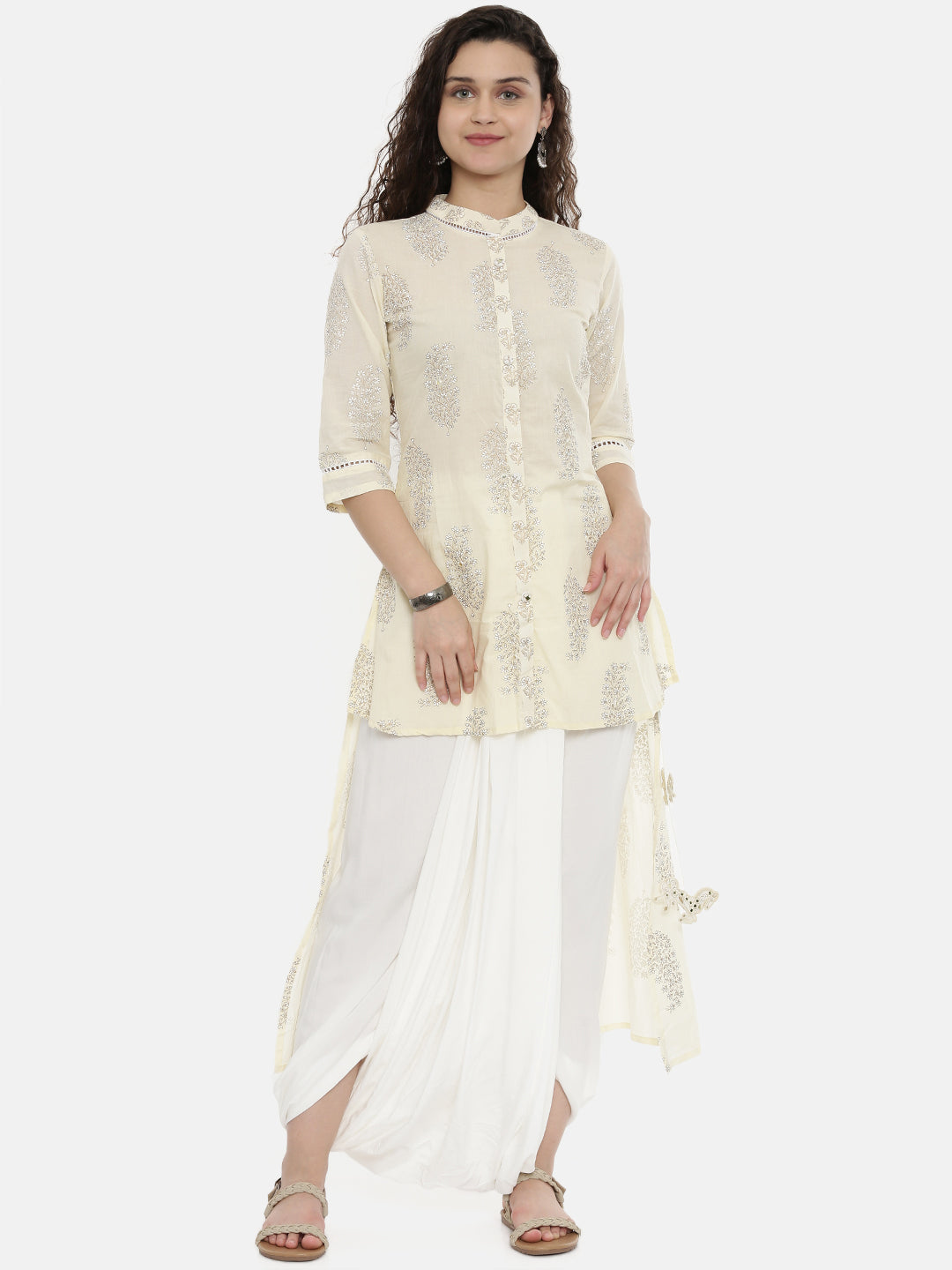 Neeru's Cream Printed High Low Kurti