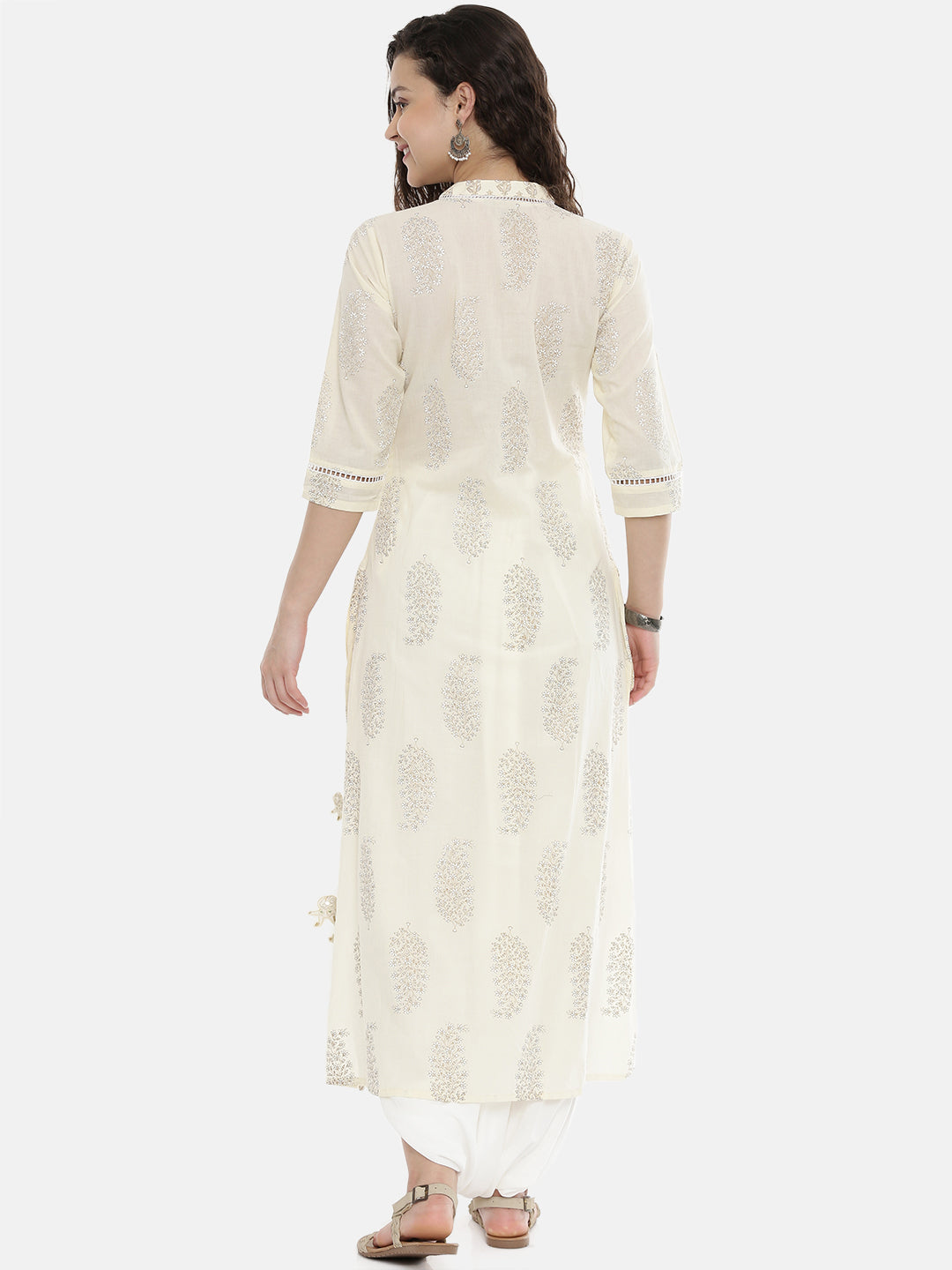 Neeru's Cream Printed High Low Kurti