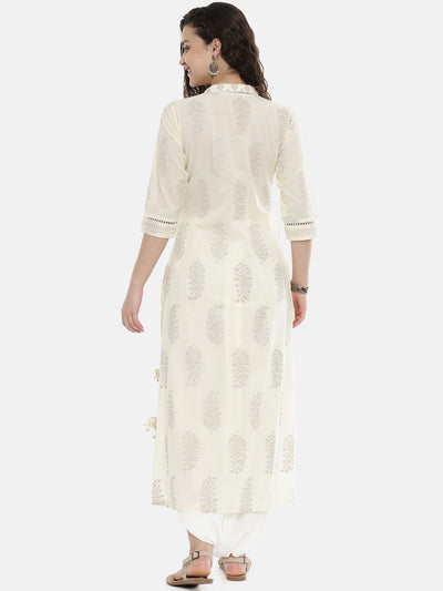 Neeru's Cream Printed High Low Kurti