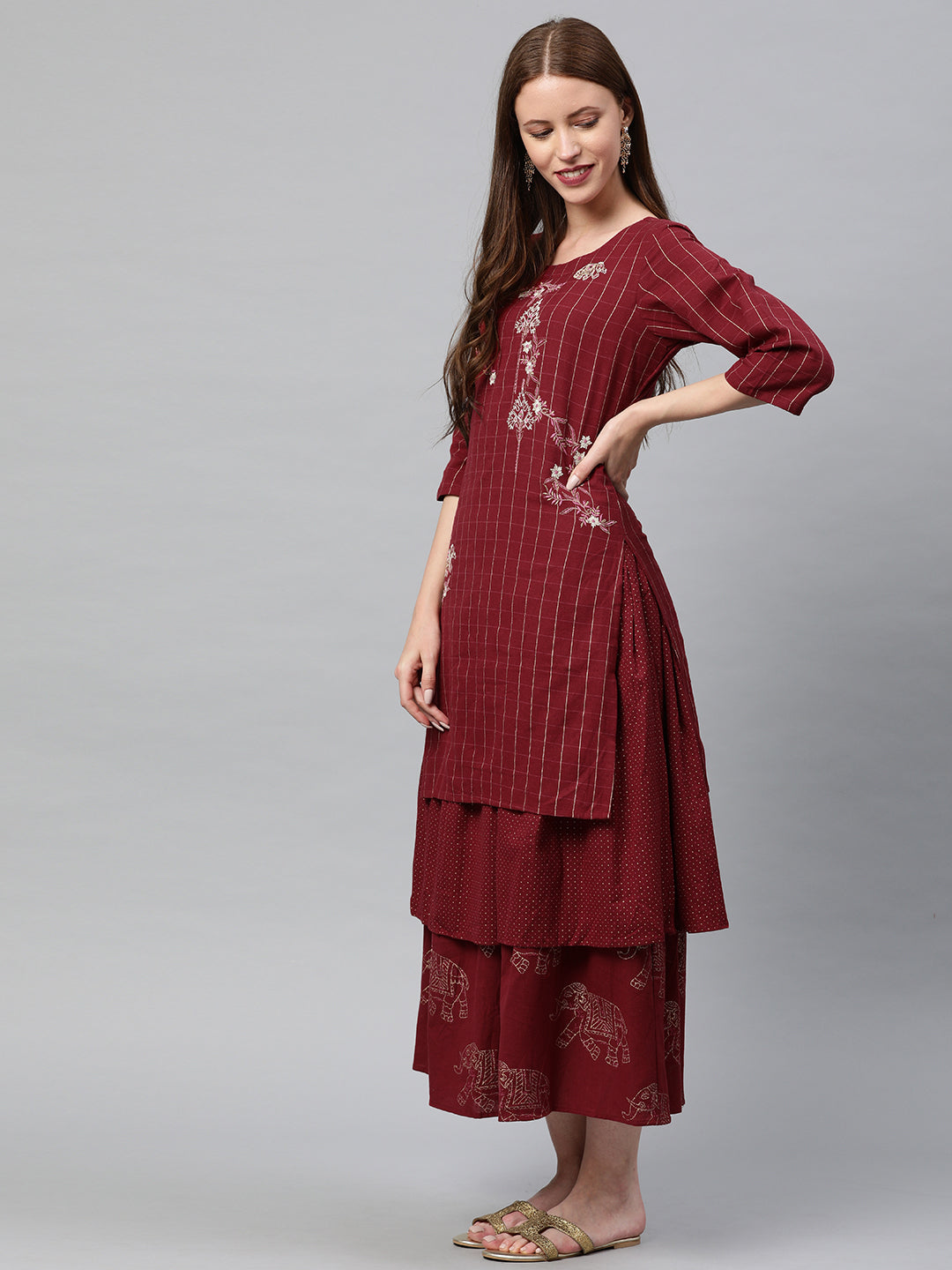 Neeru's Maroon Embroidered Flared Double Layered Kurta