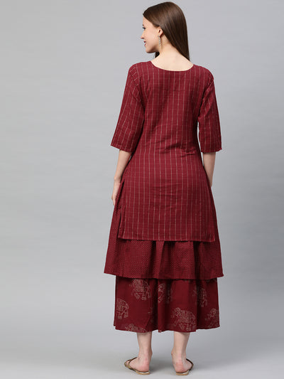 Neeru's Maroon Embroidered Flared Double Layered Kurta