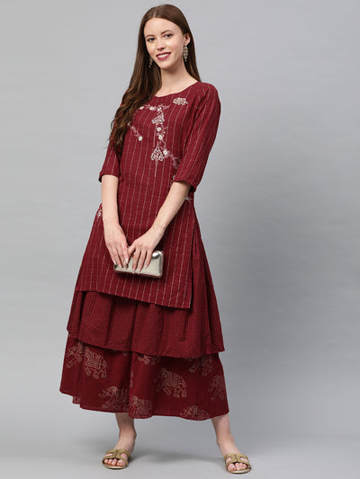 Neeru's Maroon Embroidered Flared Double Layered Kurta