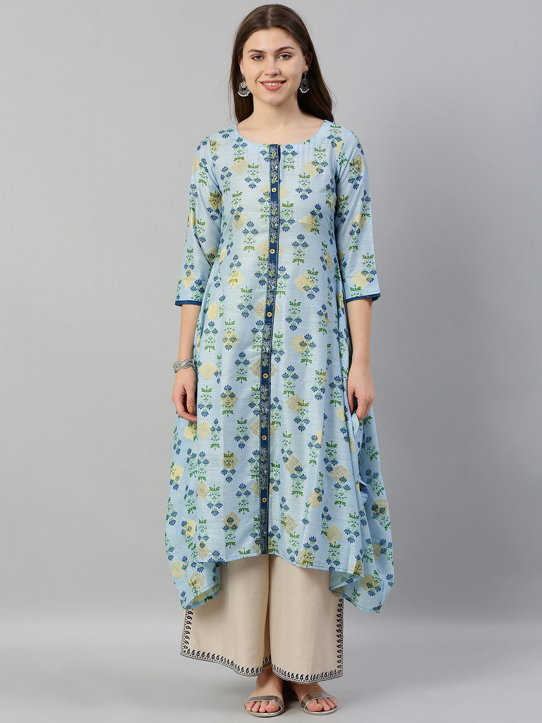 Neeru's Blue Printed High Low Kurta