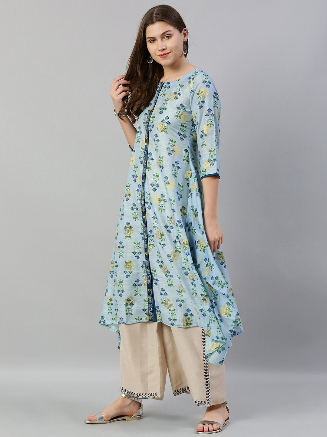 Neeru's Blue Printed High Low Kurta