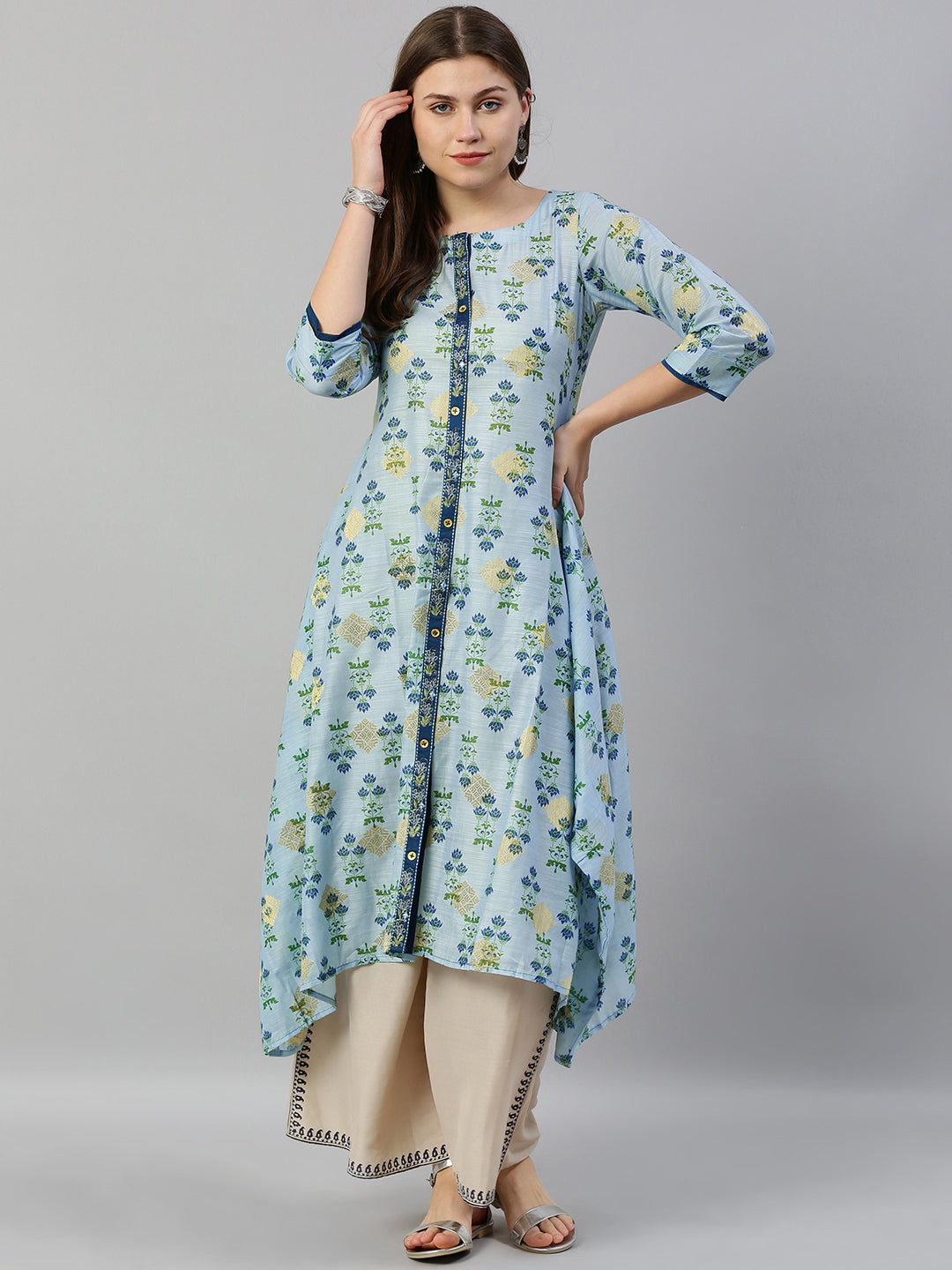 Neeru's Blue Printed High Low Kurta