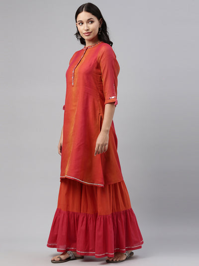 Neeru's Pink Orange Color Chanderi Fabric Tunic Set