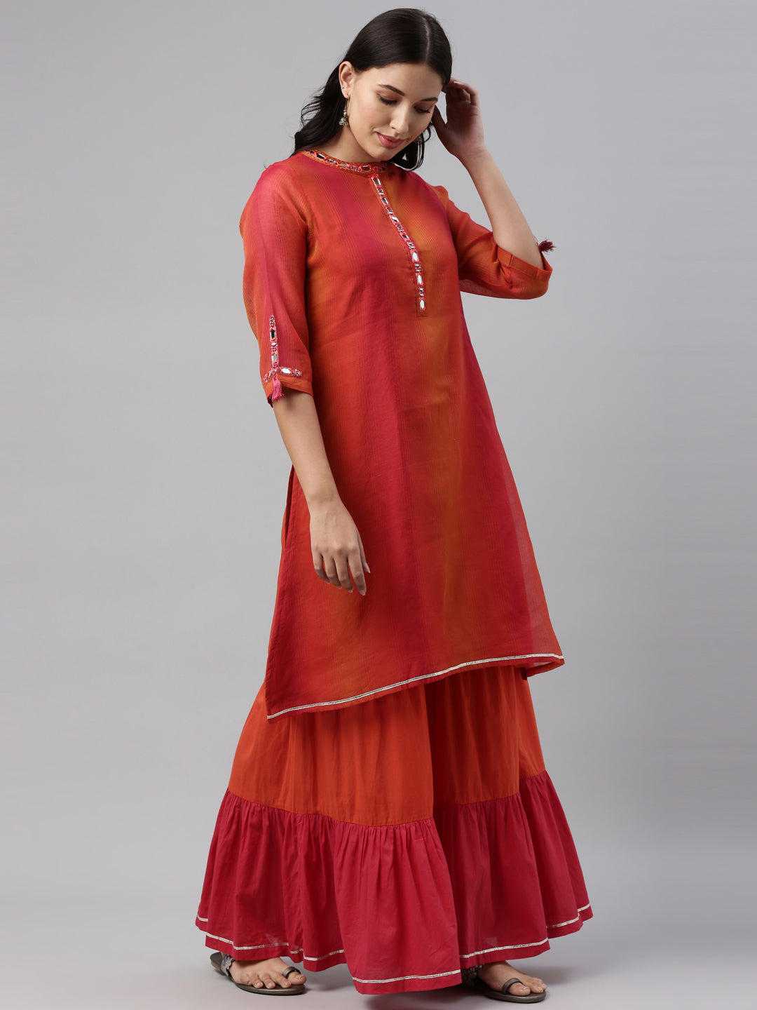 Neeru's Pink Orange Color Chanderi Fabric Tunic Set