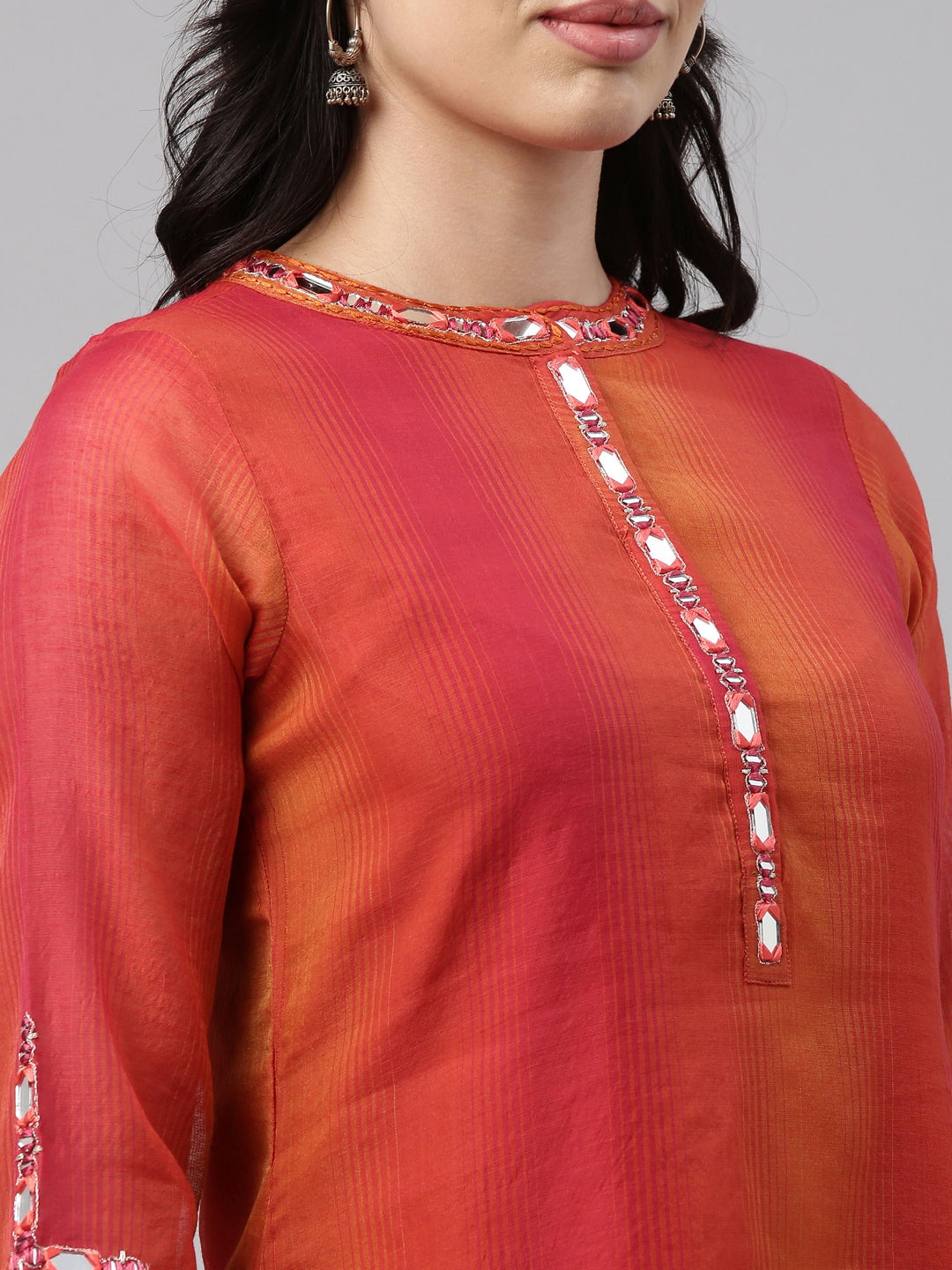 Neeru's Pink Orange Color Chanderi Fabric Tunic Set