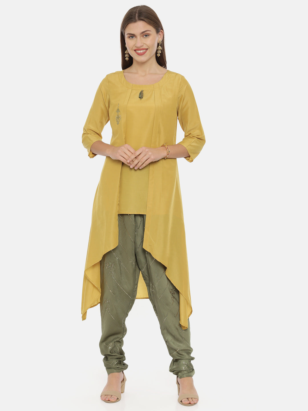 Neeru's Mustard Embroidered High Low Kurta