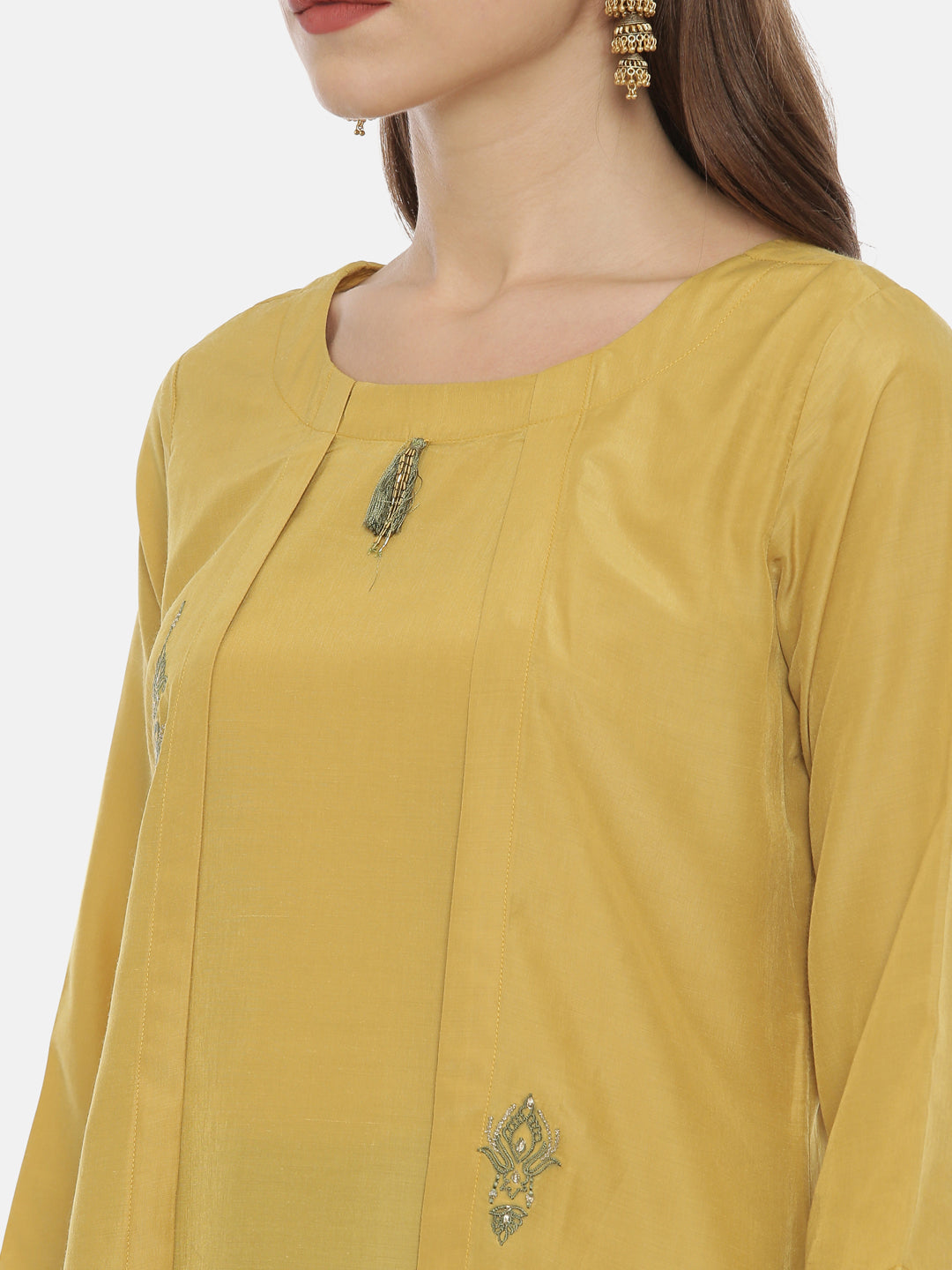 Neeru's Mustard Embroidered High Low Kurta