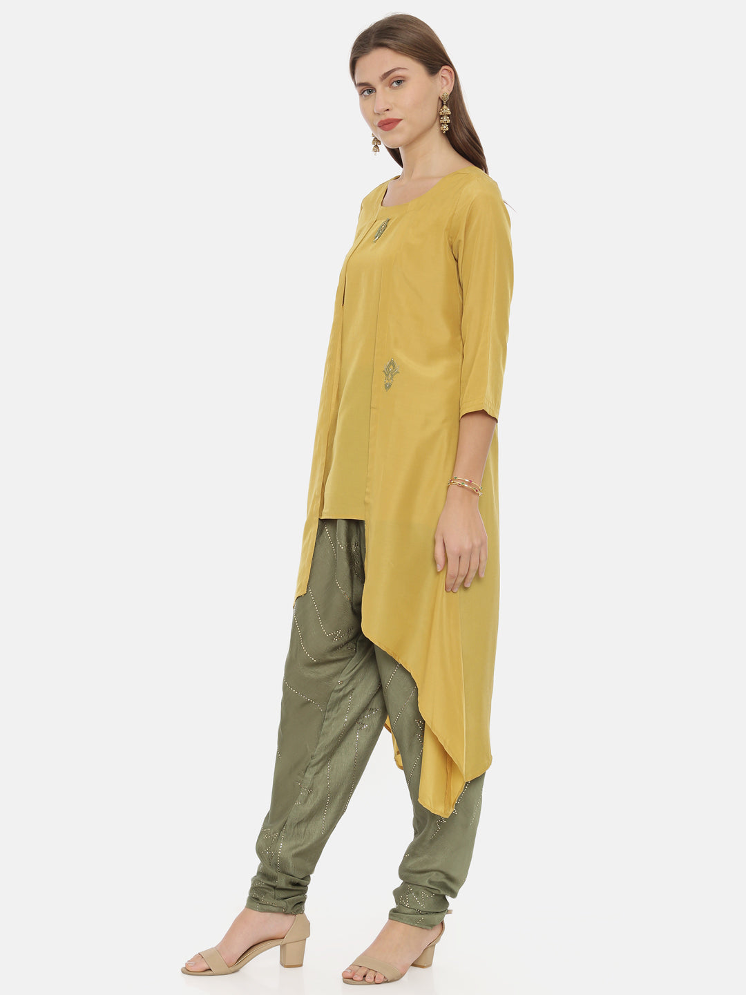 Neeru's Mustard Embroidered High Low Kurta