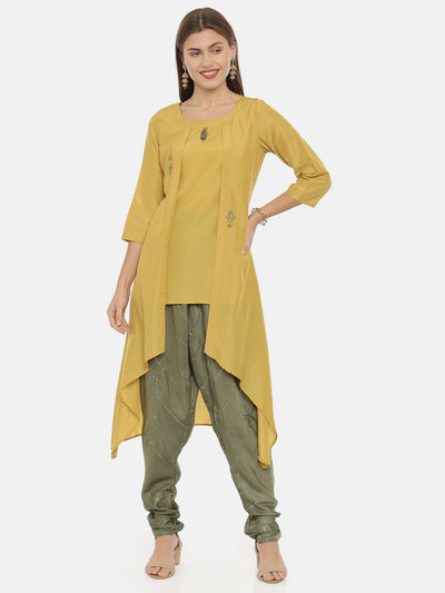 Neeru's Mustard Embroidered High Low Kurta