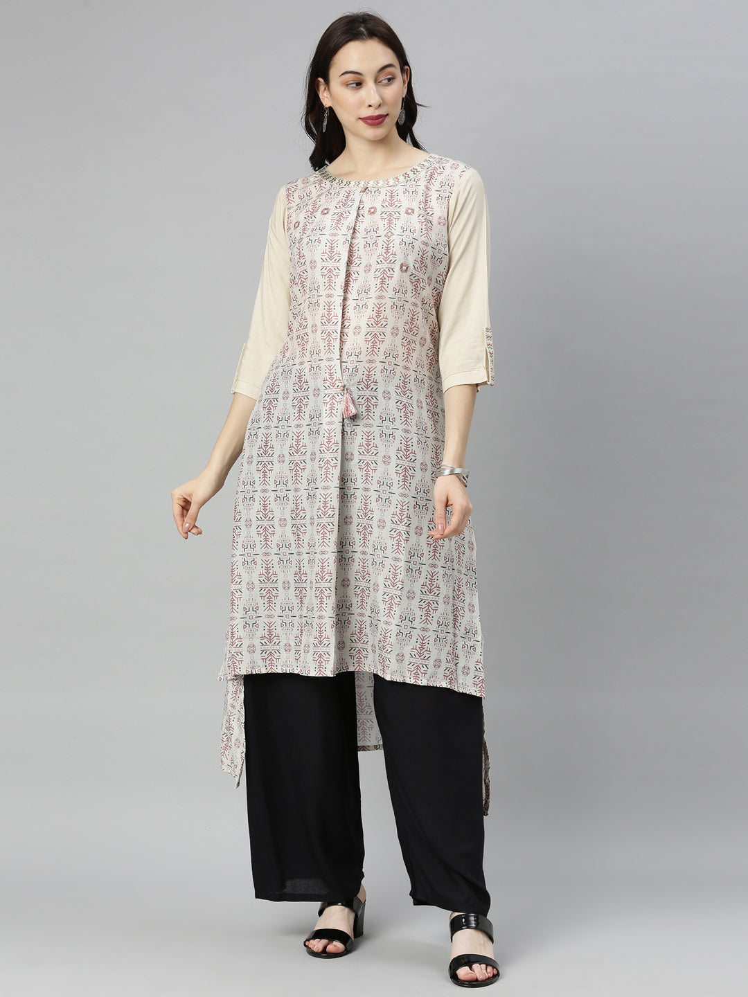 Neeru's Cream Printed High Low Kurta