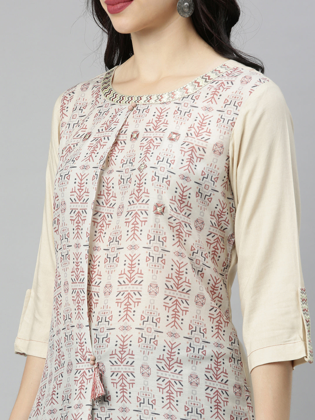 Neeru's Cream Printed High Low Kurta