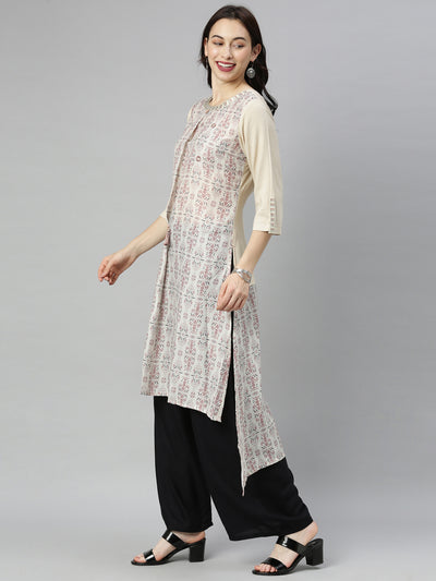 Neeru's Cream Printed High Low Kurta