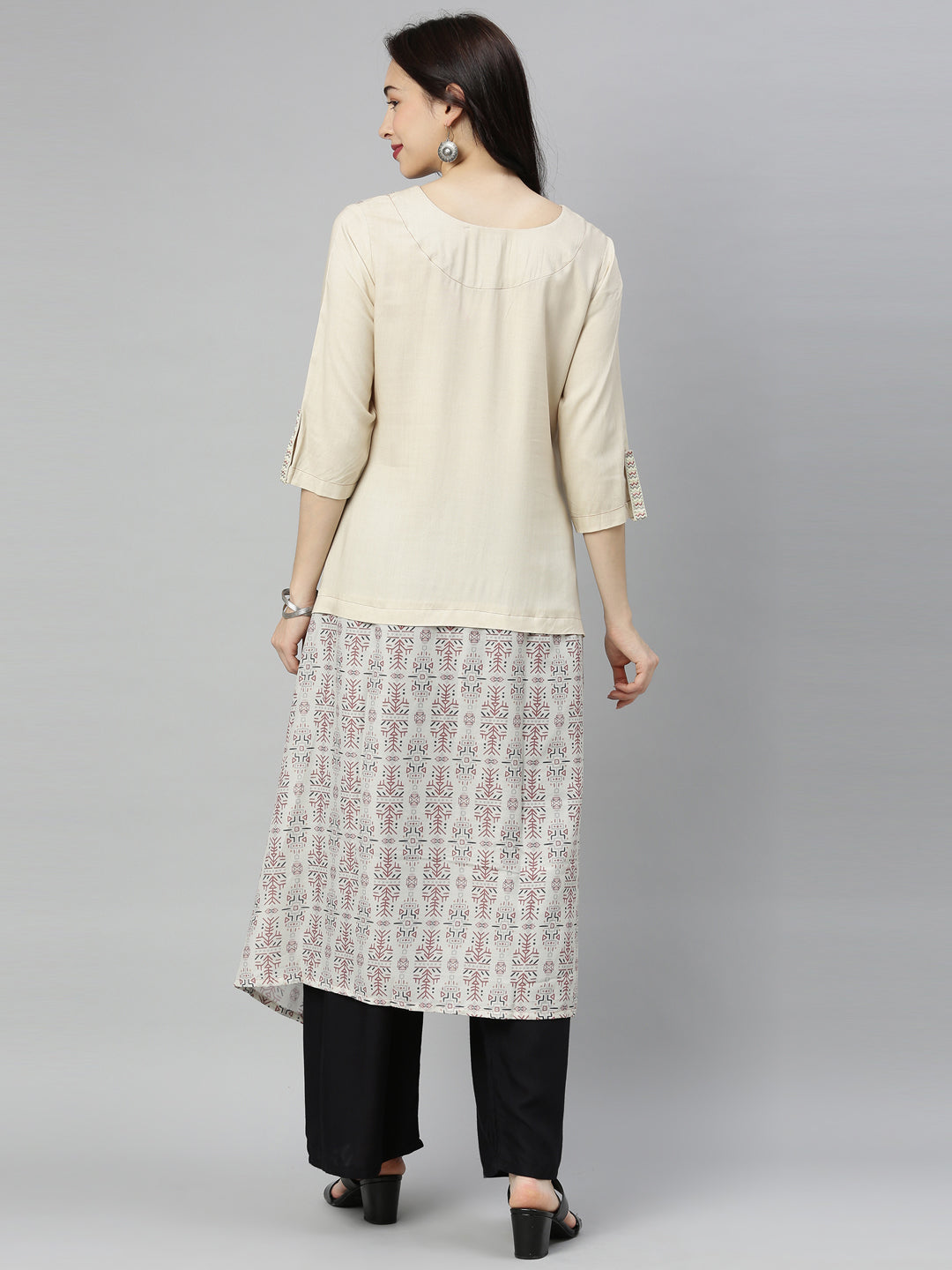 Neeru's Cream Printed High Low Kurta