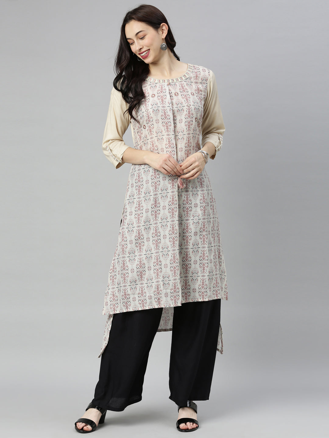 Neeru's Cream Printed High Low Kurta