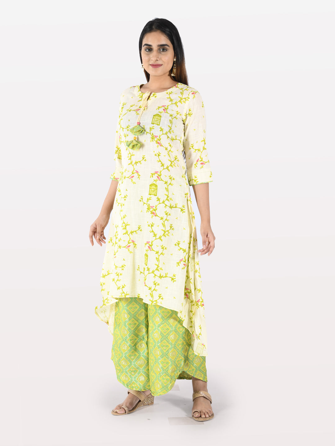 Neeru's Women Cream-Coloured Green Printed Kurta With Palazzos