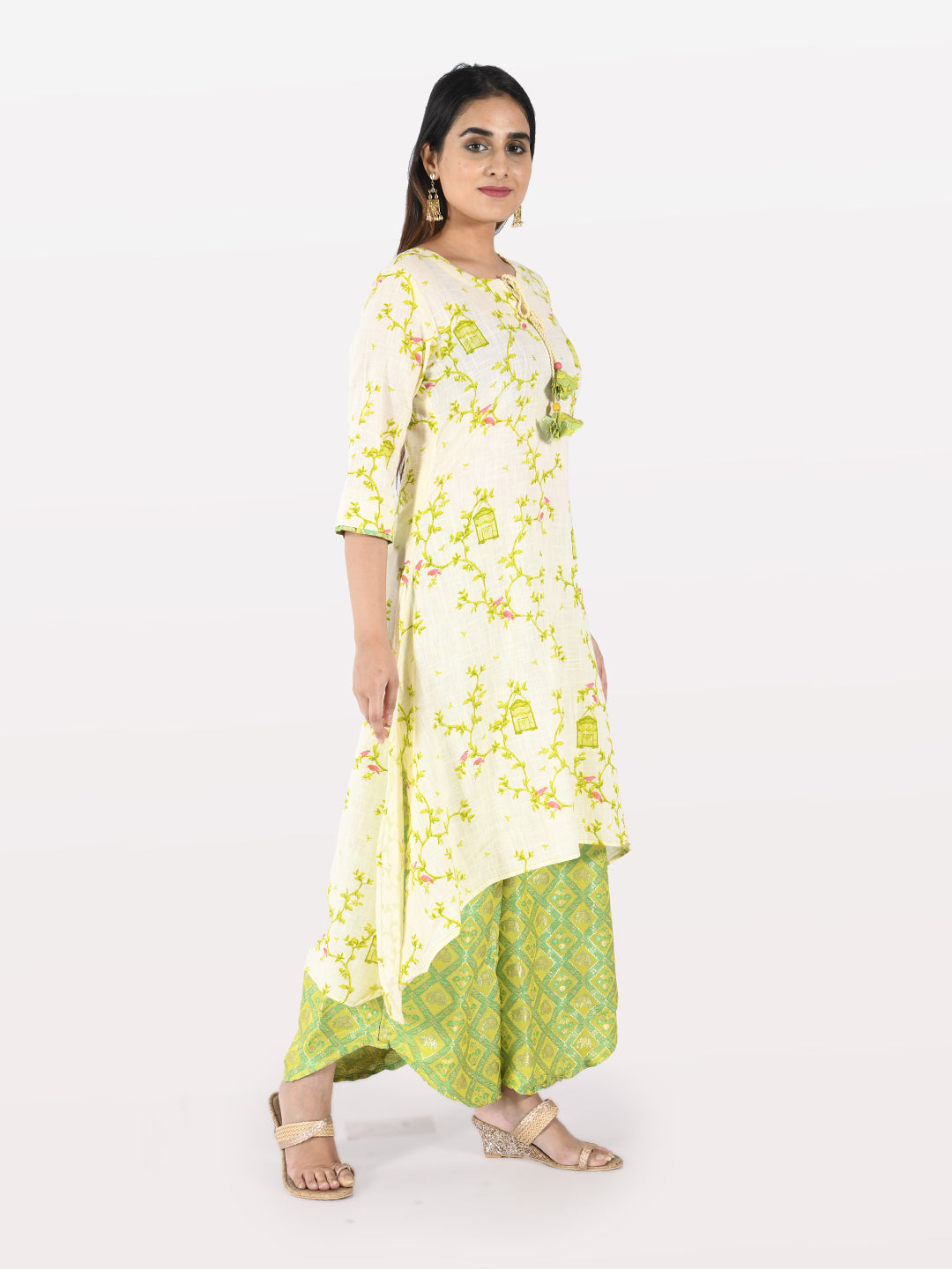 Neeru's Women Cream-Coloured Green Printed Kurta With Palazzos