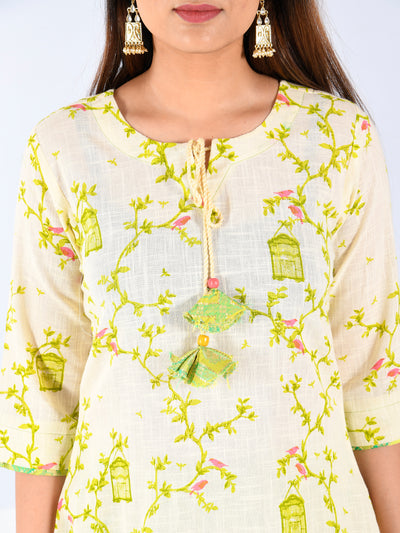 Neeru's Women Cream-Coloured Green Printed Kurta With Palazzos