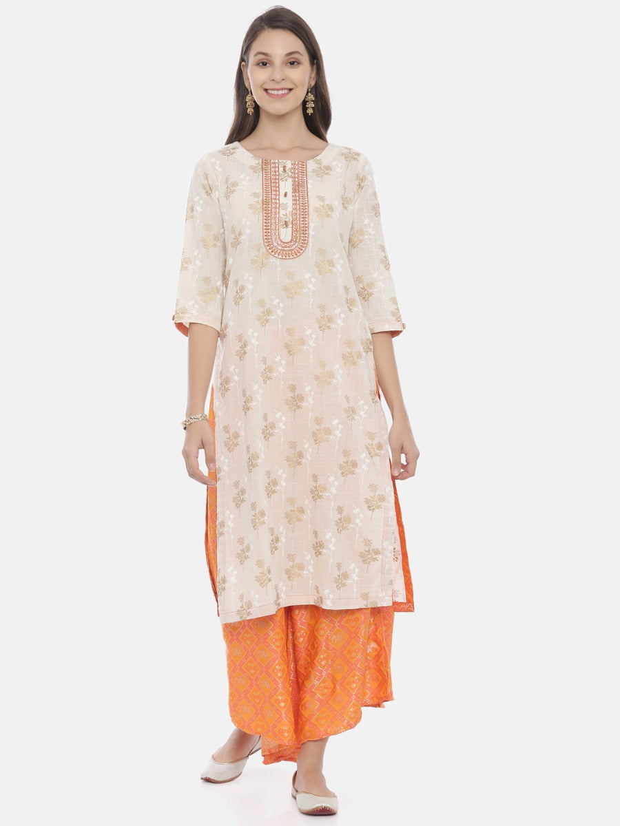 Neeru's Cream & Orange Printed Kurta & Palazzo Set