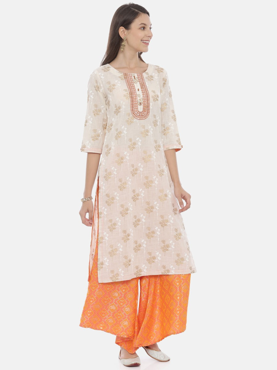 Neeru's Cream & Orange Printed Kurta & Palazzo Set