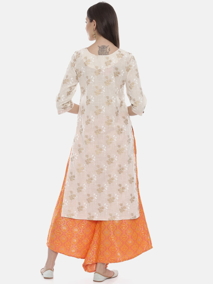 Neeru's Cream & Orange Printed Kurta & Palazzo Set