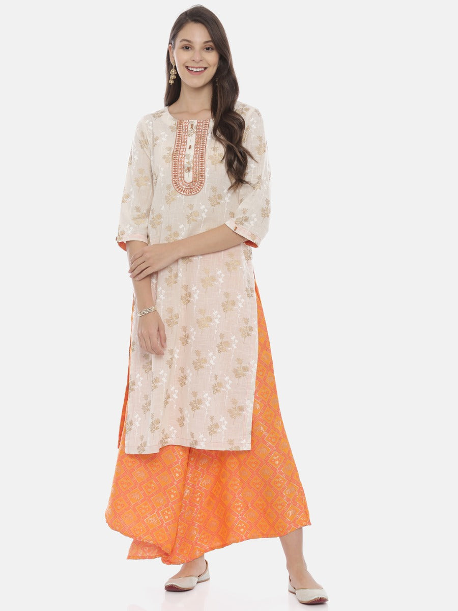 Neeru's Cream & Orange Printed Kurta & Palazzo Set