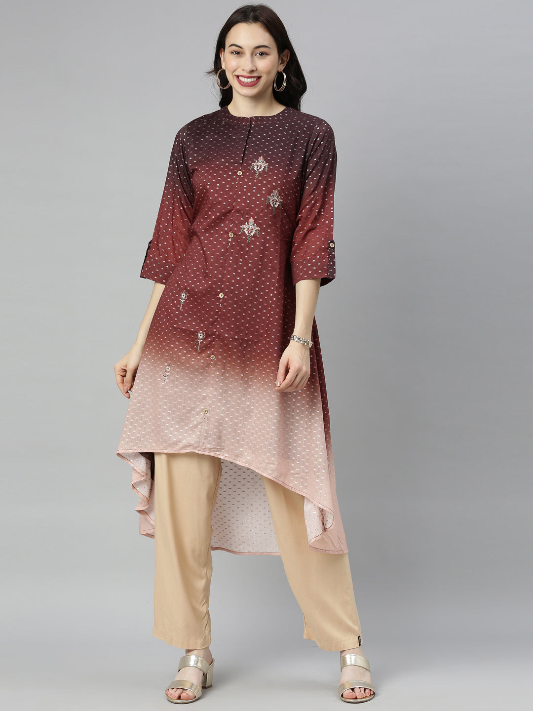 Neeru's Brown Embroidered High Low Kurta