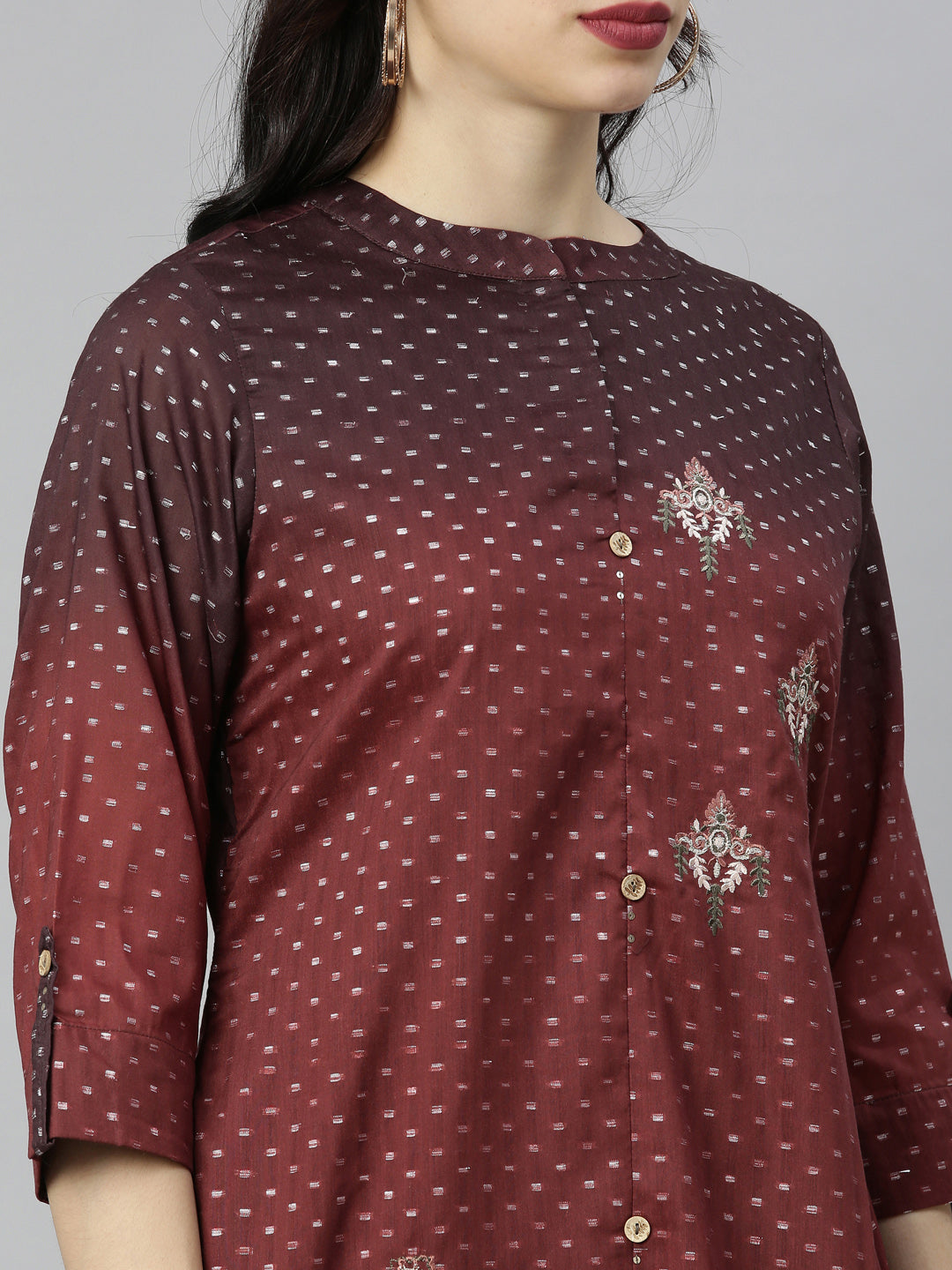 Neeru's Brown Embroidered High Low Kurta