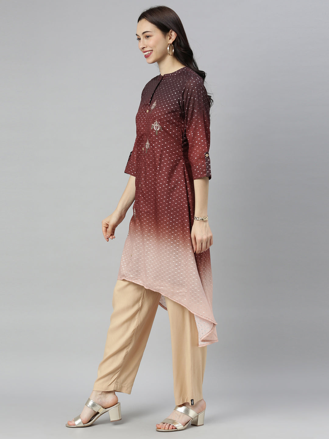 Neeru's Brown Embroidered High Low Kurta