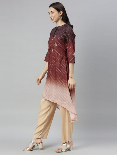 Neeru's Brown Embroidered High Low Kurta