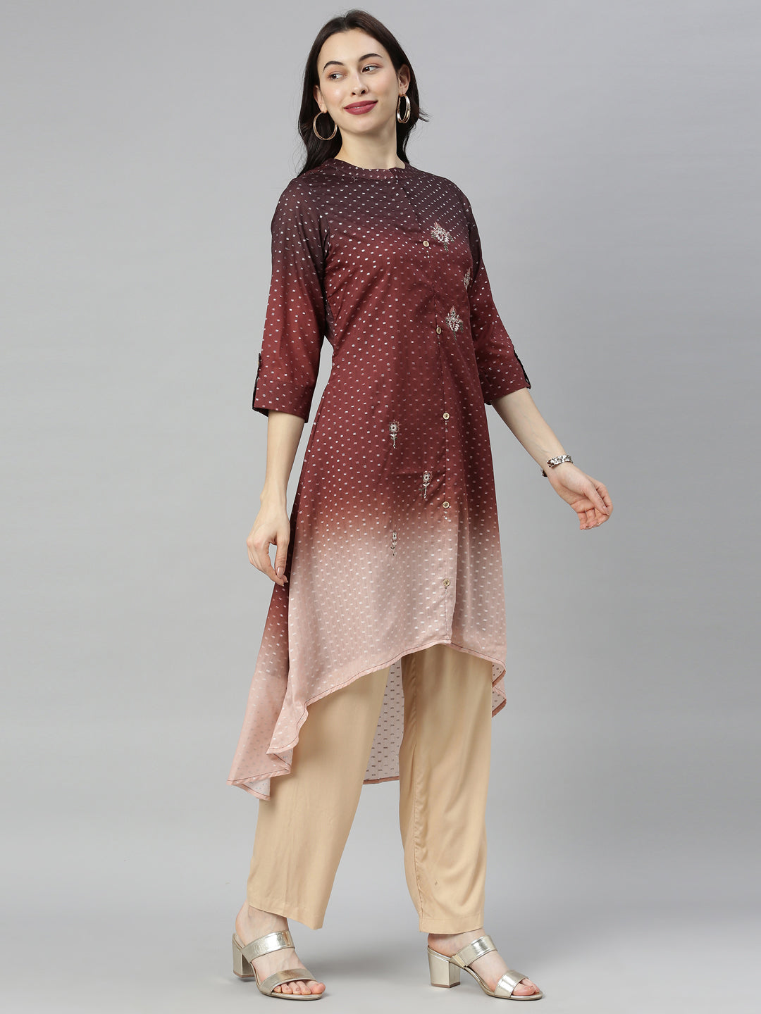 Neeru's Brown Embroidered High Low Kurta