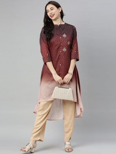 Neeru's Brown Embroidered High Low Kurta