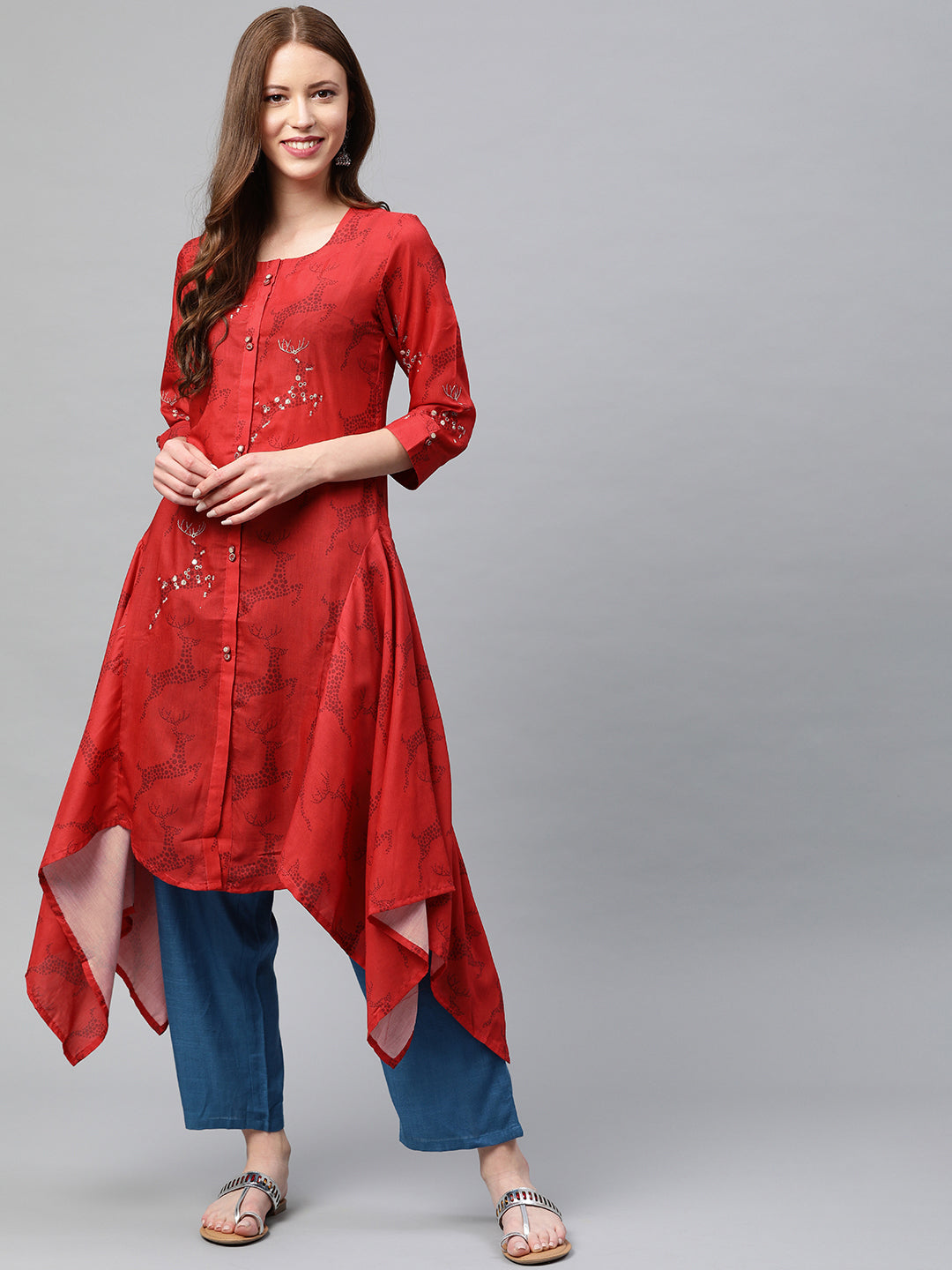 Neeru's Red Printed High Low Kurta